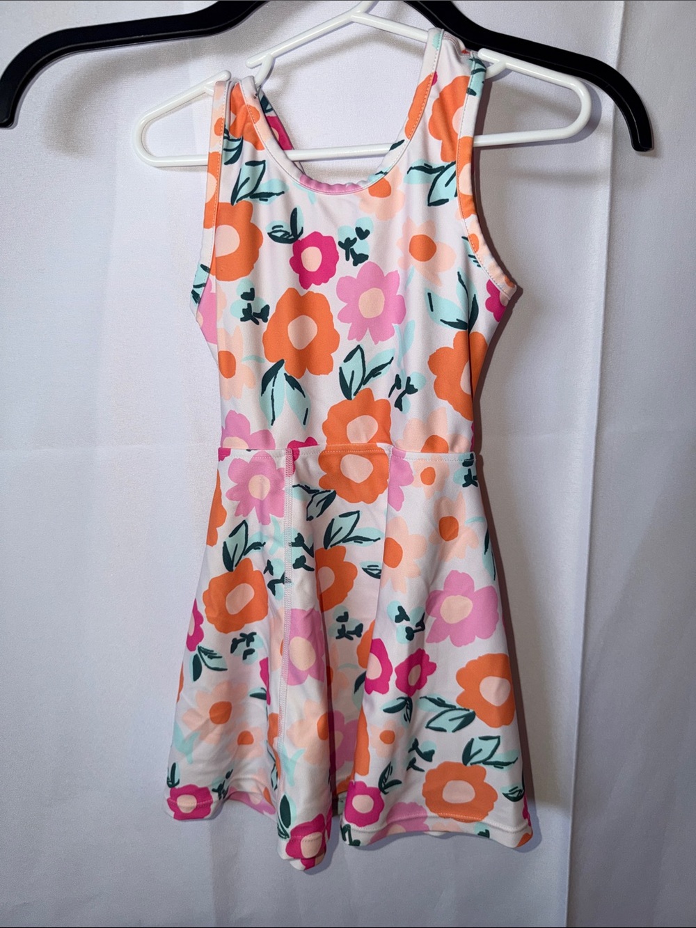 Girls' Floral Tank Dress - White with Orange & Pink Flowers